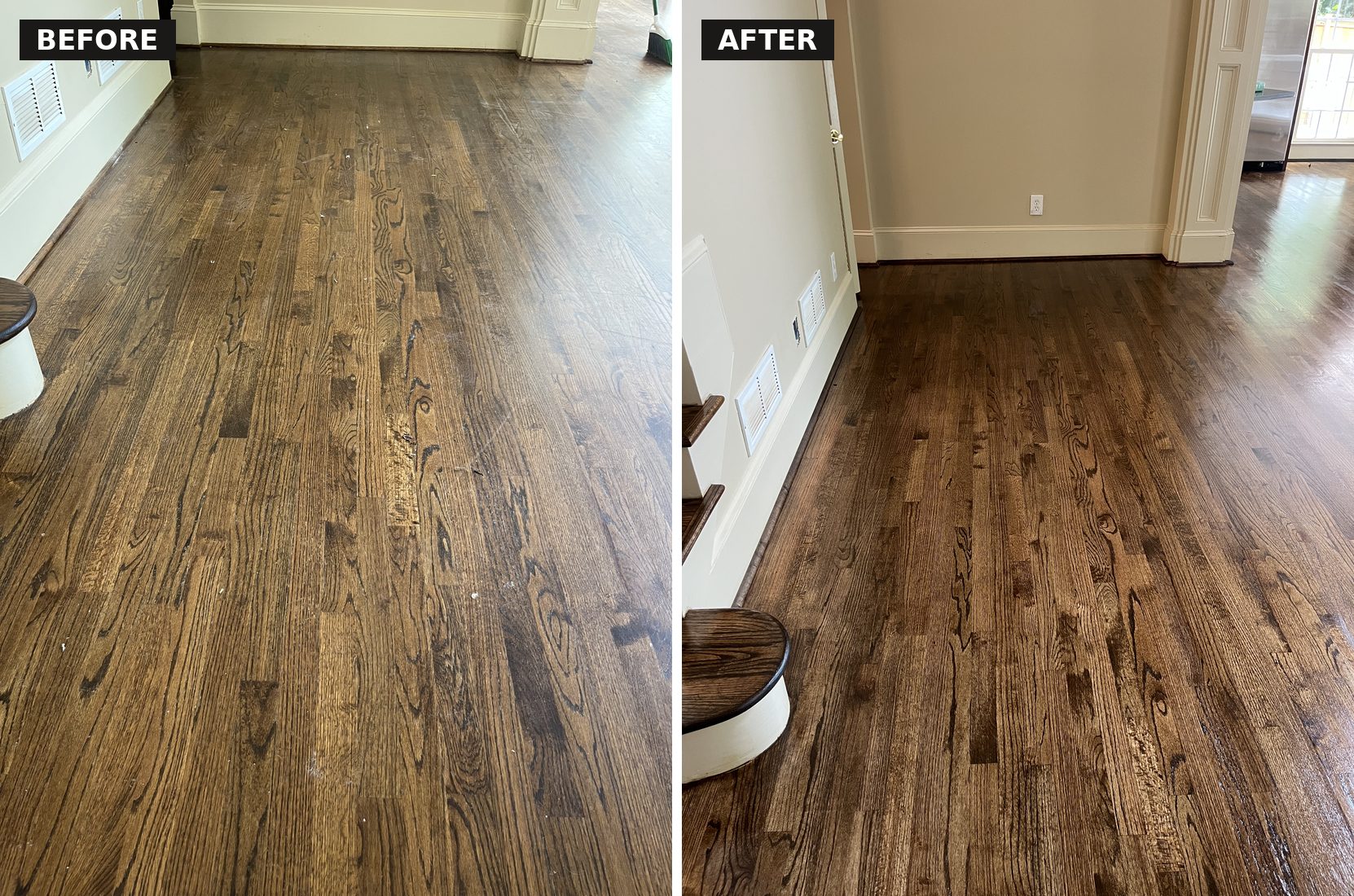Before and after hardwood refinishing — worn oak floor restored
