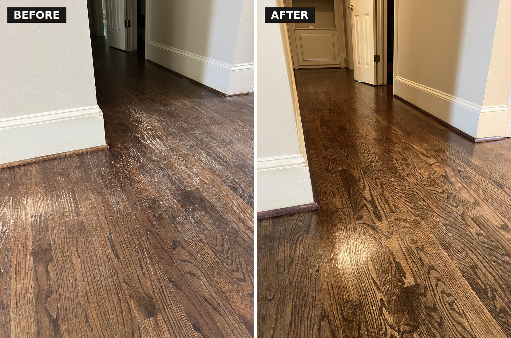 Before and after hardwood refinishing in a hallway