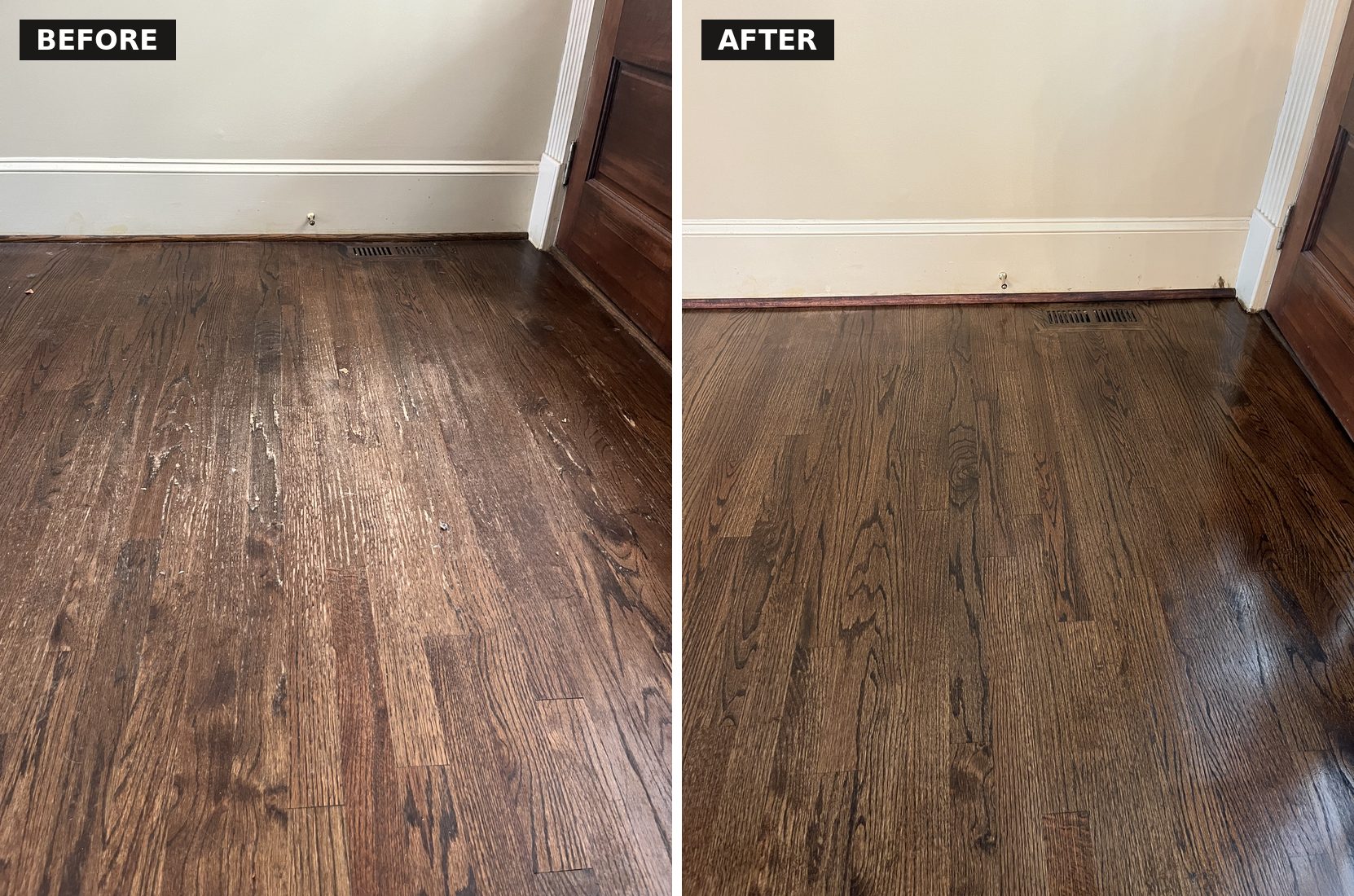 Before and after refinished oak flooring at an entryway