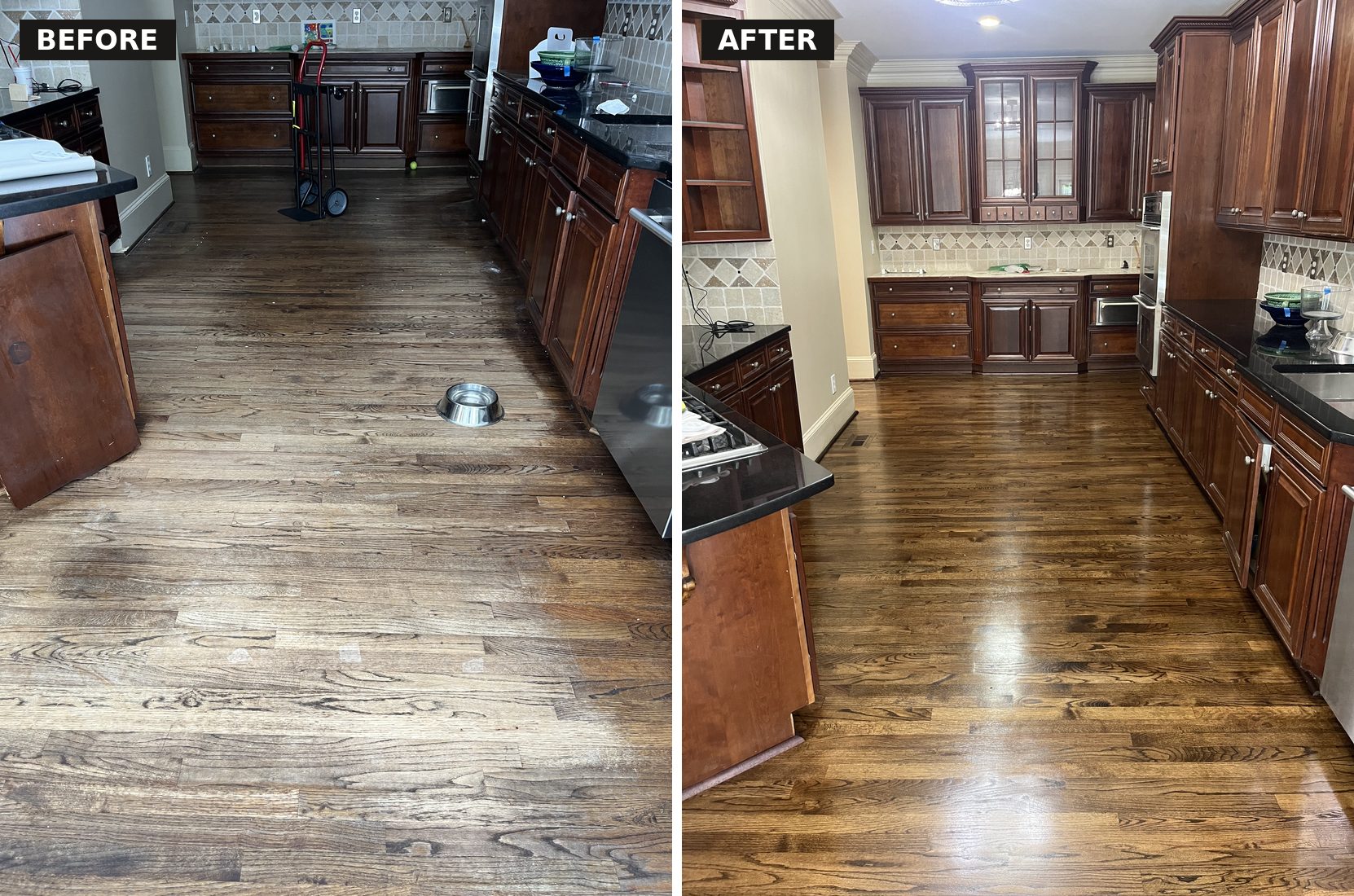 Before and after hardwood floor refinishing in a metro Atlanta kitchen