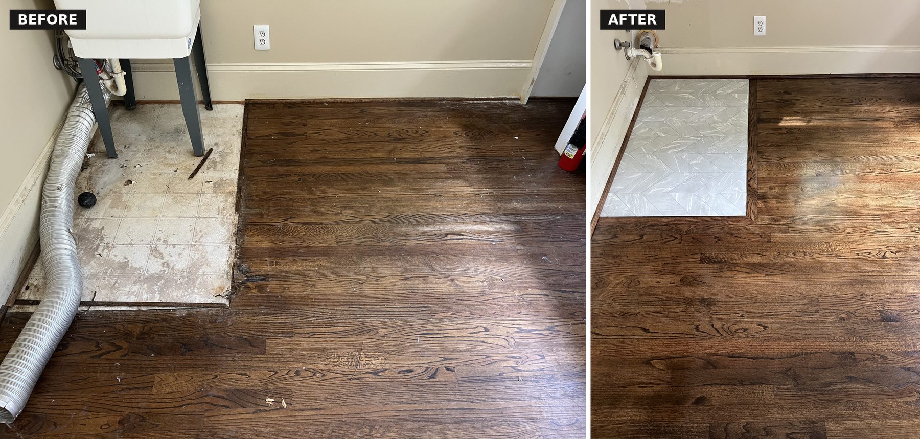 Before and after — hardwood refinishing and new tile in a utility room